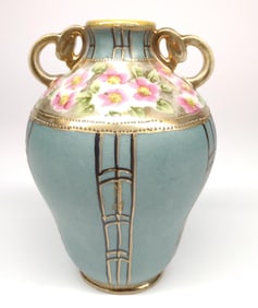 Nippon Blue Pink Floral Decorated Vase