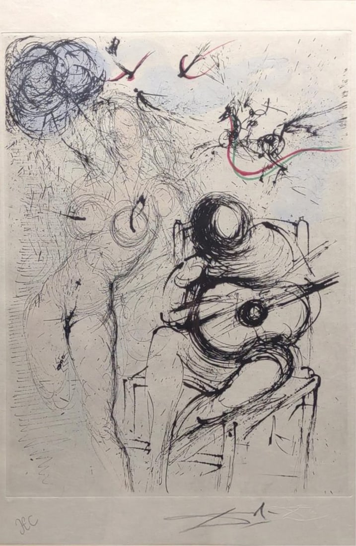 Salvador Dali Signed 'Nude Guitar' Etching w/ COA: An original signed etching by artist Salvador Dali (Spanish, 1904-1989). H.C. (Hors d’Commerce) proof. Titled "Nude with Guitar" ("Nu a la Guitare") from the "Secret Poems by Apollinaire" series / s