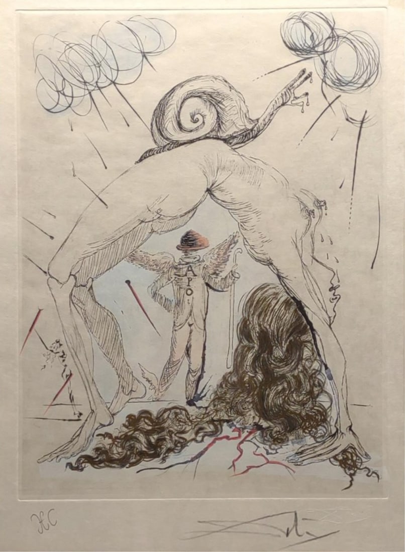Salvador Dali Signed 'Nude w Snail' Etching w/ COA: An original signed etching by artist Salvador Dali (Spanish, 1904-1989). H.C. (Hors d’Commerce) proof. Titled "Woman with Snail" from the "Secret Poems by Apollinaire" series / suite. This work of a