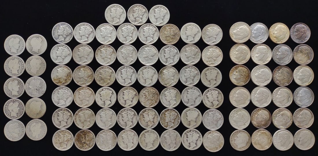 (85) 90% Silver Dimes (Mercury, Barber, Roosevelt) (1 of 10)
