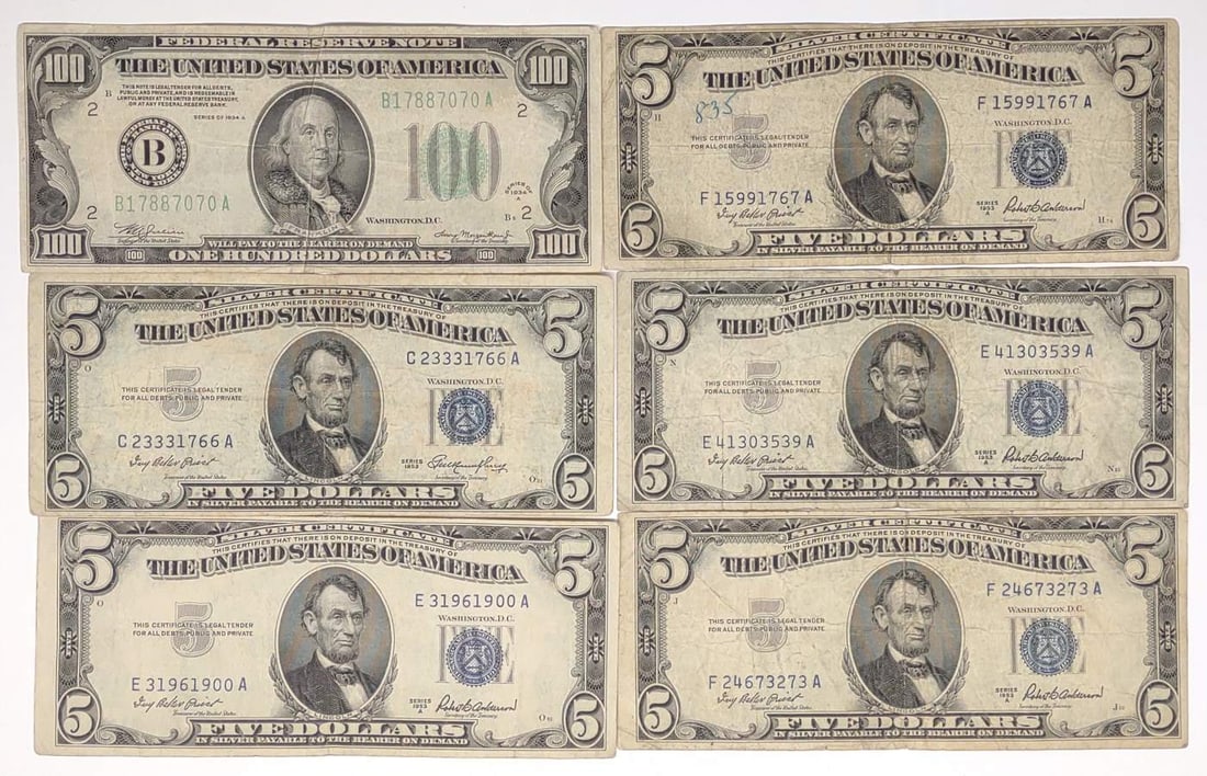 1934A $100 Bill & (5) $5 Silver Certificates (1 of 10)
