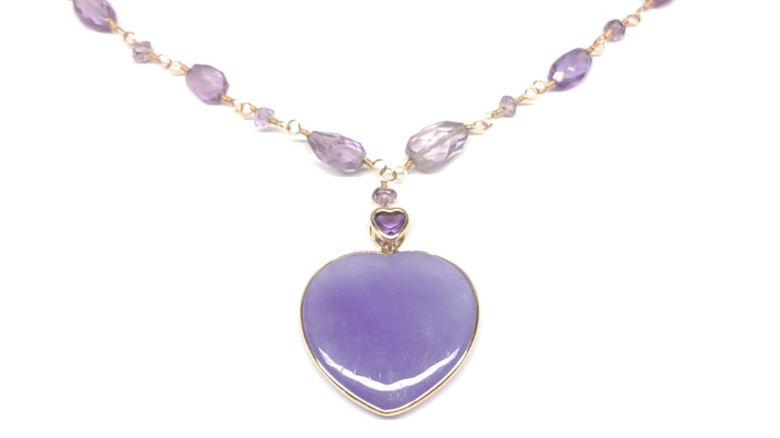 14K Gold Lavender Jade & Amethyst Heart Necklace (1 of 9)