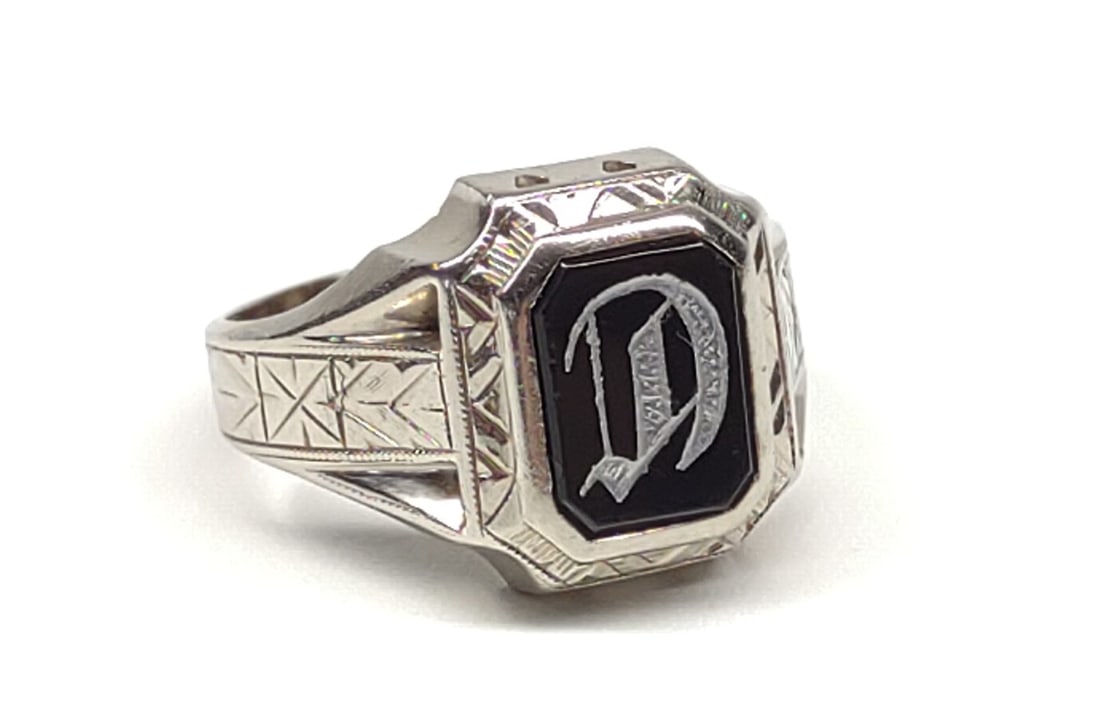 Art Deco 10K Gold & Onyx Signet "D" Ring (sz 8.75) (1 of 8)