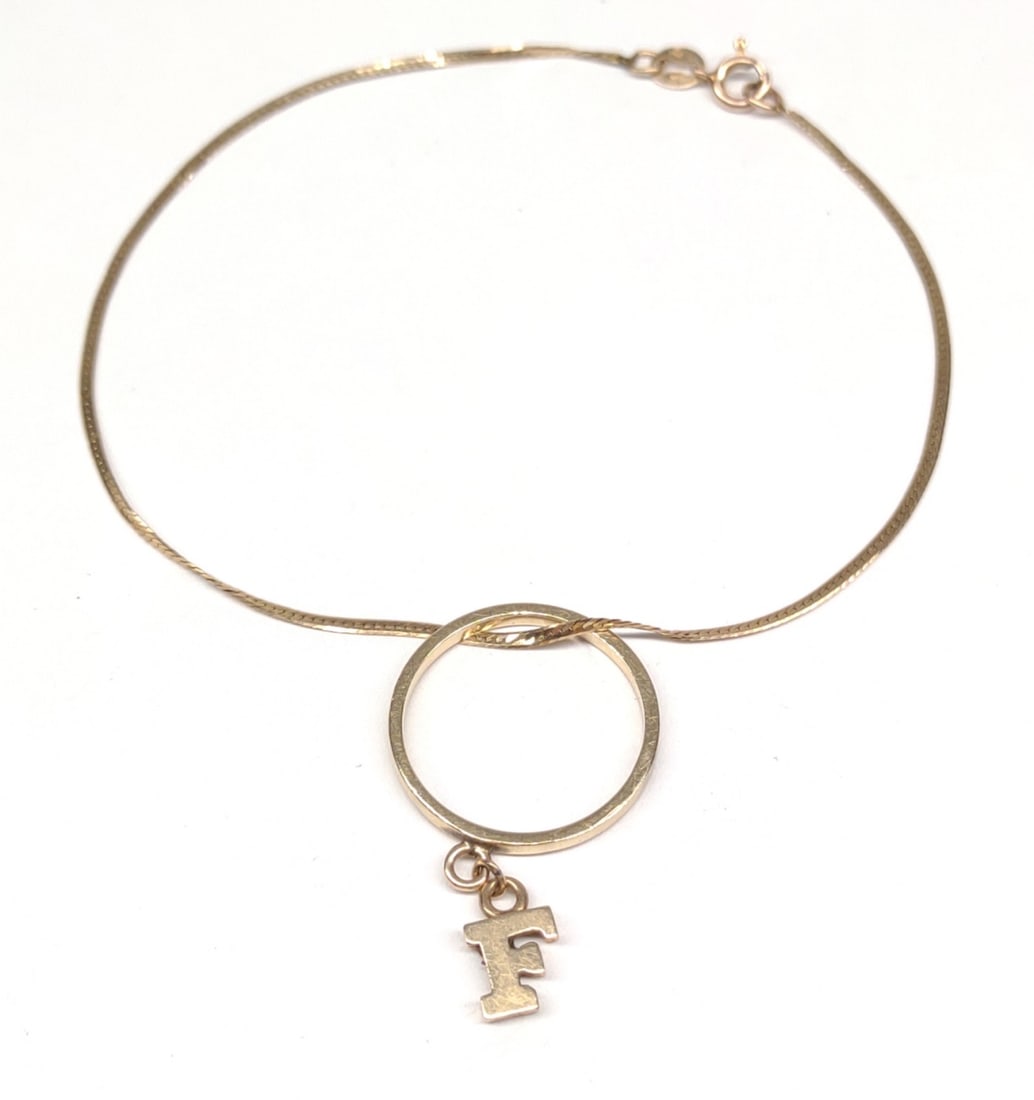 14K "F" Charm Ring & Thin Herringbone Bracelet (1 of 8)