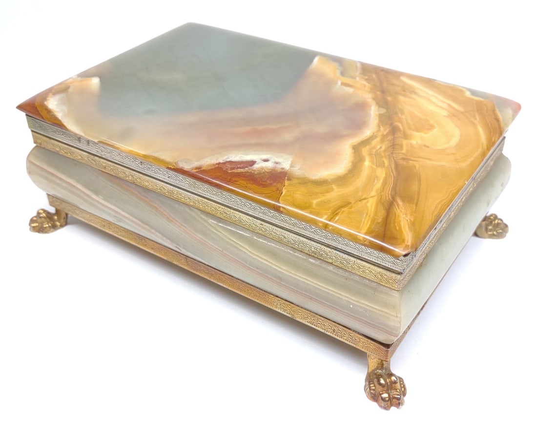 Vintage Onyx Claw Footed Jewelry Box: Vintage onyx stone jewelry box with etched metal trim and claw shaped feet. Measures 7.5" L x 5" W x 2.75" H.