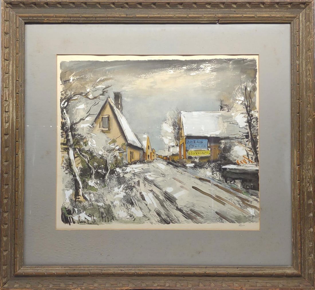 After Maurice de Vlaminck Numbered Art: After Maurice de Vlaminck 1876-1958 (French). Art printed by Daniel Jacomet. Titled 'Sous la niege (from Notre Pain Quotidien)' ,1963 color lithograph on Rives vellum paper. Numbered '182/250' near lo