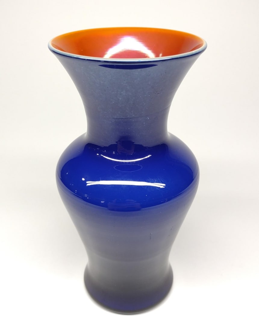 Imperial Cobalt Lead Lustre Art Glass Vase: An Imperial cobalt blue and orange freehand lead lustre vase. Stands 7" tall. Antique / Vintage