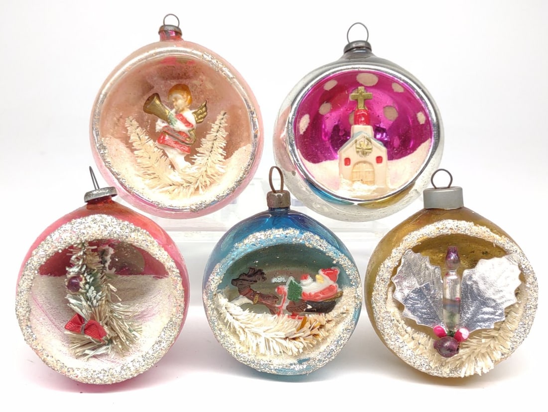 5 Vintage Japan Diorama Glass Christmas Ornaments: (5) Vintage Japan diorama Christmas tree ornaments decorated w/ mica including: (1) Santa riding sleigh, (1) church, (1) Christmas tree, (1) candle, and (1) angel. Antique / Vintage. NOTE: In-house in