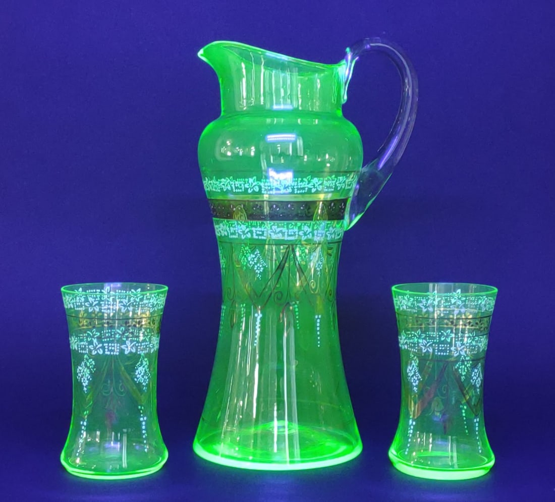 Moser Style Uranium Glass Pitcher & Cup Set (1 of 11)