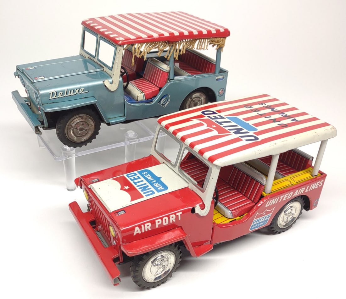 2 Vintage Japan Tin Litho Friction Toy Jeeps: 2 vintage tin litho Japan friction toy jeeps including (1) Cragstan (NGS) "Jeep With Boat Trailer" marked "Made in Japan" (Jeep only), and (1) Taiyo United Airlines Air Port Jeep marked "Made in Japan