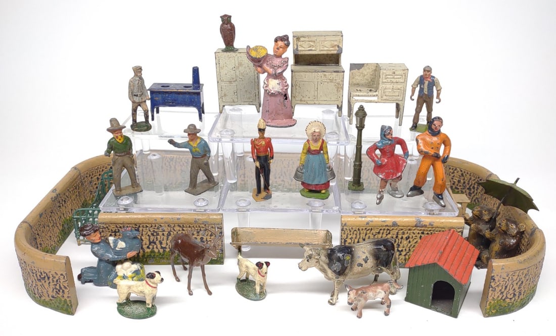 (37) Prewar Lead Figurines & Miniatures: (37) vintage pre-war lead figurines and miniatures including (11) walls, (5) furniture pieces, (1) dog house, (1) light post, (1) watering trough, (1) fence with steps, and (17) people and animal figu