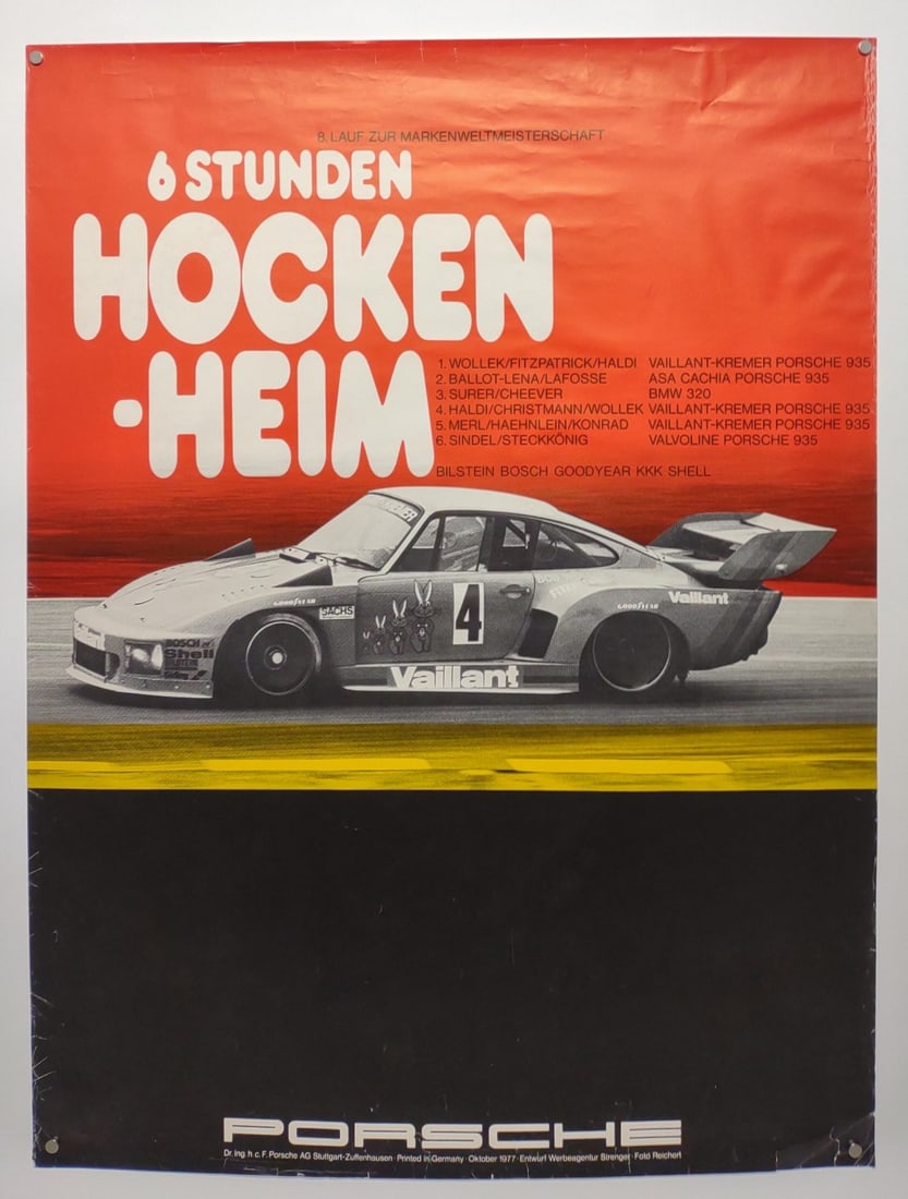 1977 Porsche 6 Stunden Hockenheim Racing Poster: Original vintage 1977 30" x 40" Porsche 6 Stunden Hockenheim advertising promotional factory racing poster. German print hallmark present on lower edge.