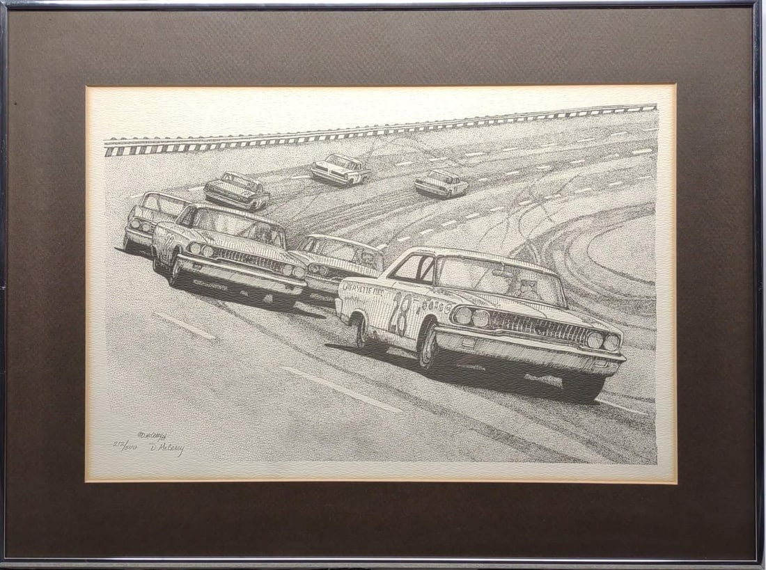 D. McCrary Signed #28 Lafayette Ford Nascar Art: 1984 Dan McCrary pencil signed and numbered Nascar lithograph art. Features #28 Lafayette Ford driven by Fred Lorenzen. Artist signature present on lower left margin. Numbered 212/500. Framed. Measure