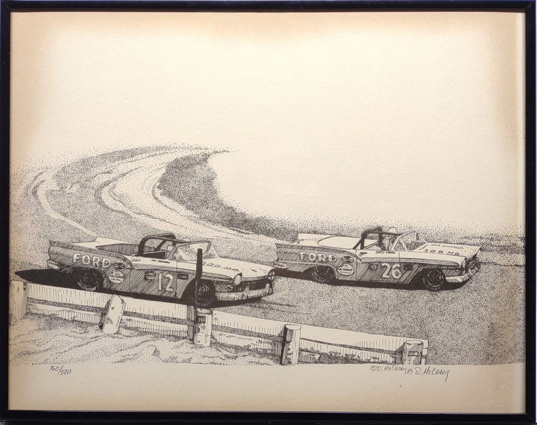 D. McCrary Signed Ford Sunliner Stock Racing Art: Dan McCrary pencil signed and numbered nascar stock racing lithograph of 2 ford sunliner convertibles. Features ford sunliner 26 driver by Curtis Turner, and sunliner 12 driver by Joe Weatherly. Artis