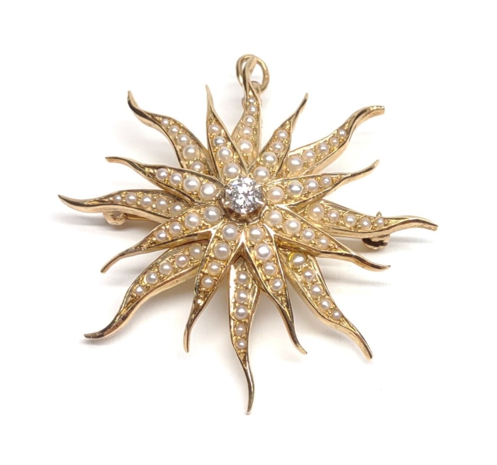 14K Diamond & Seed Pearl Starburst Brooch / Pin (1 of 9)