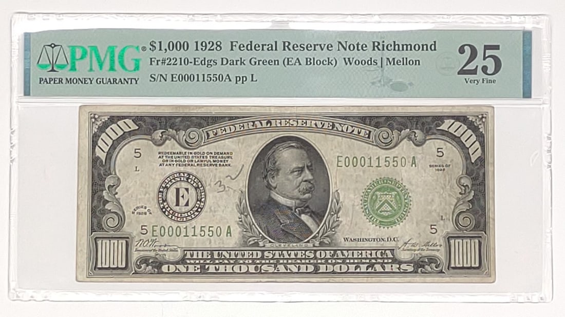 1928 $1000 Federal Reserve US Note Richmond PMG 25 (1 of 9)