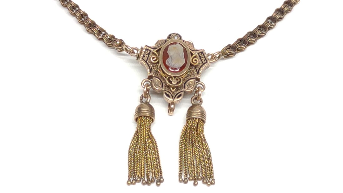 Victorian 10K Gold Cameo & Pearl Tassel Necklace (1 of 9)