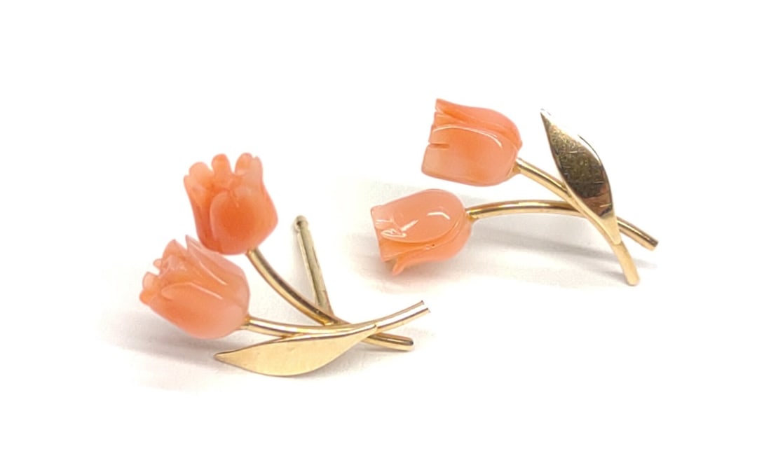14K Gold Carved Rose Coral Post Earrings (1 of 5)