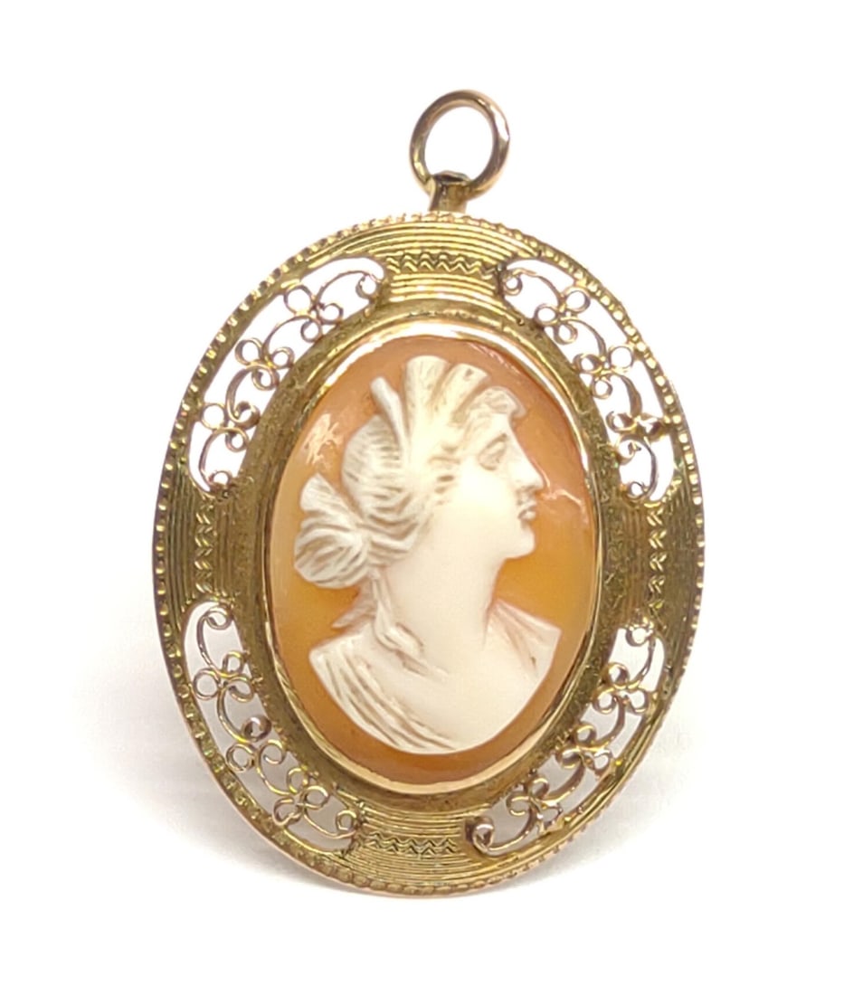 Vintage 10K Gold Filigree Cameo Brooch / Pendant (1 of 7)