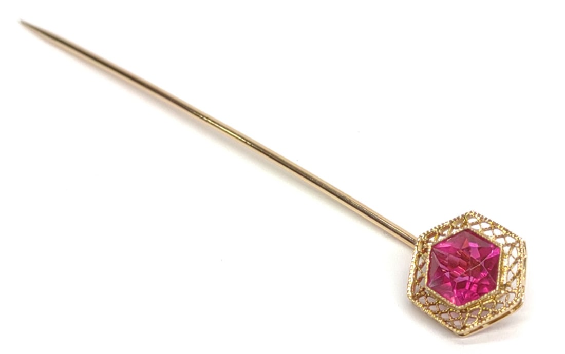 Edwardian 14K Gold & Ruby Filigree Stick Pin (1 of 6)