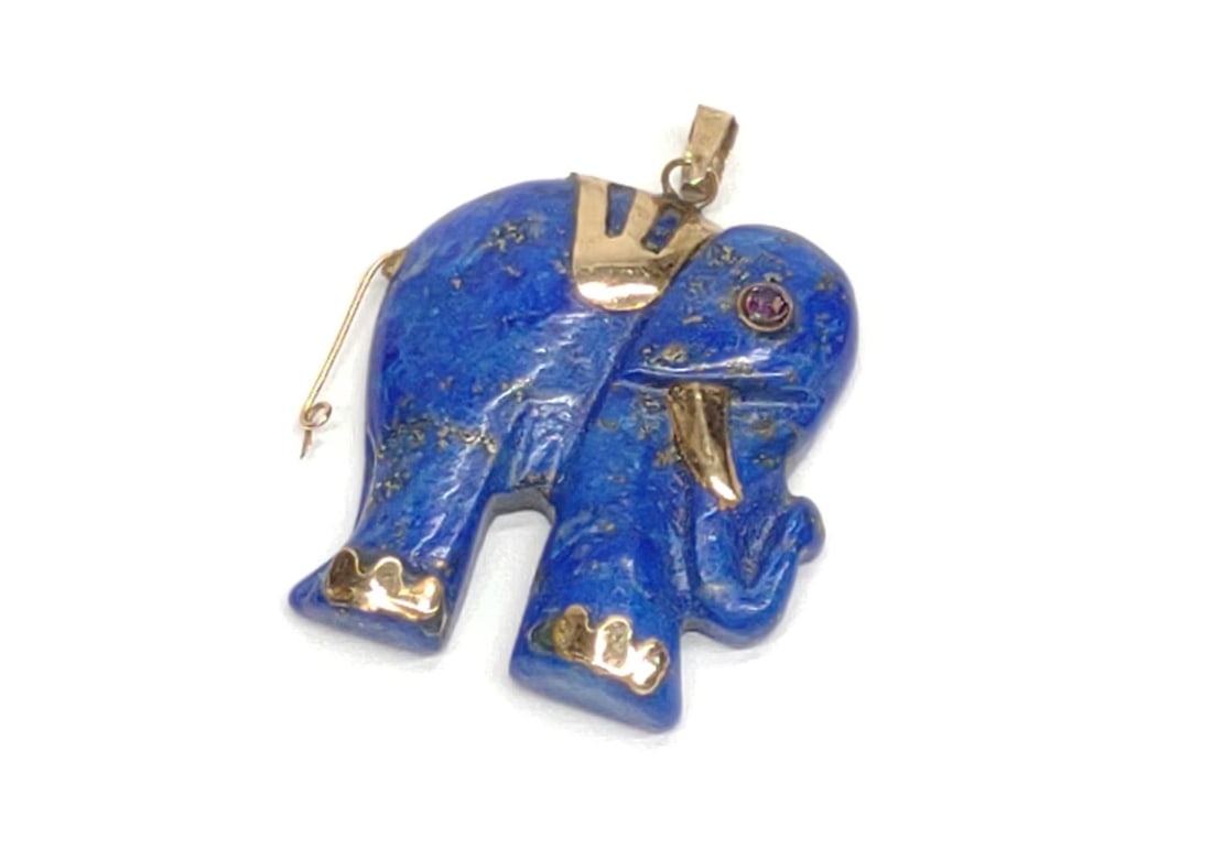 14K Gold Lapis Lazuli Elephant Pendant w/ Ruby Eye (1 of 6)