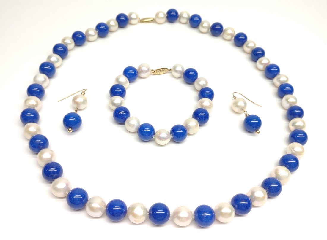 (4pc) 14K Pearl & Lapis Beaded Jewelry Set (11mm) (1 of 7)