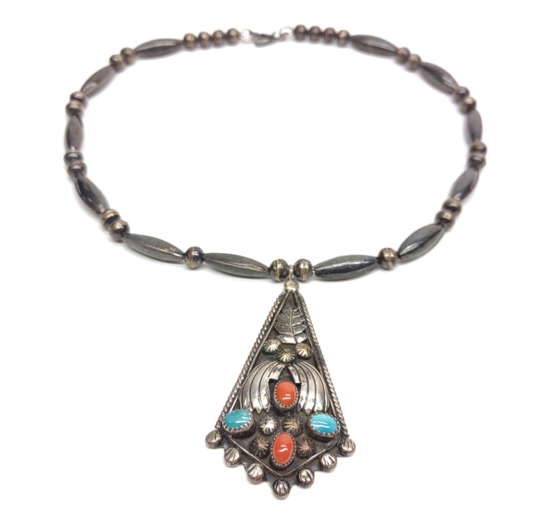 Signed Navajo Sterling Turquoise & Coral Necklace (1 of 6)