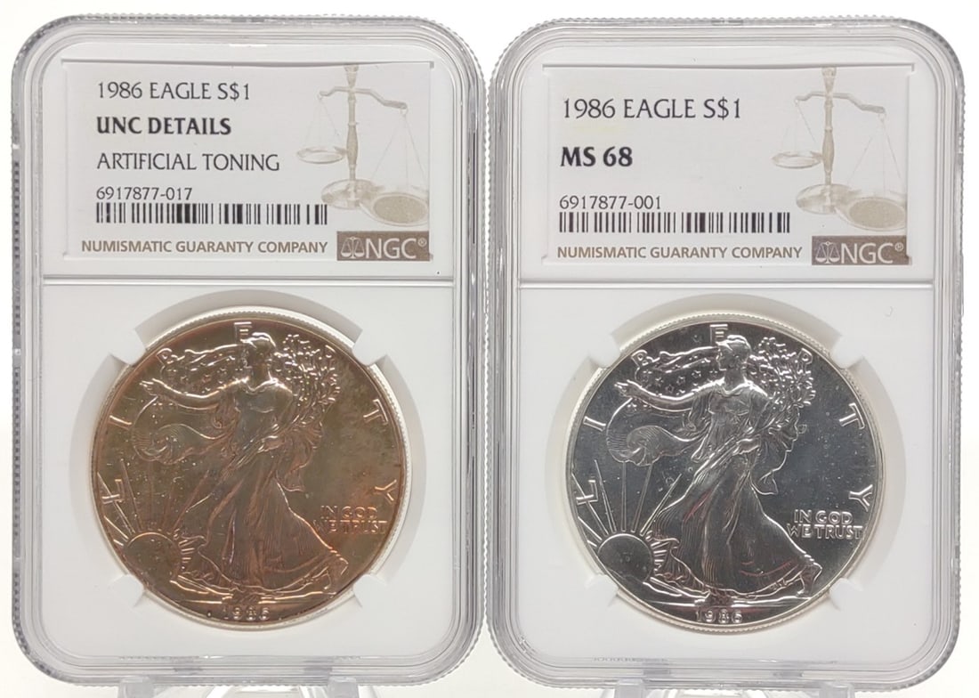 (2) 1986 $1 Silver Eagle Coins NGC (MS68 & UNC) (1 of 5)