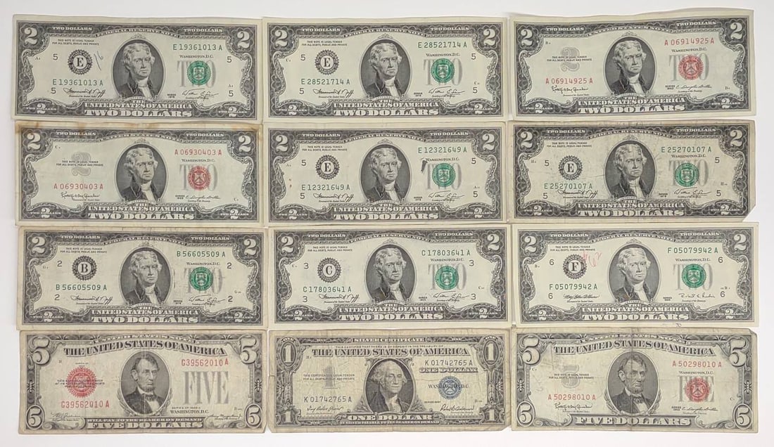 (12) $1 $2 & $5 US Notes - Red Seal, Silver & More (1 of 10)