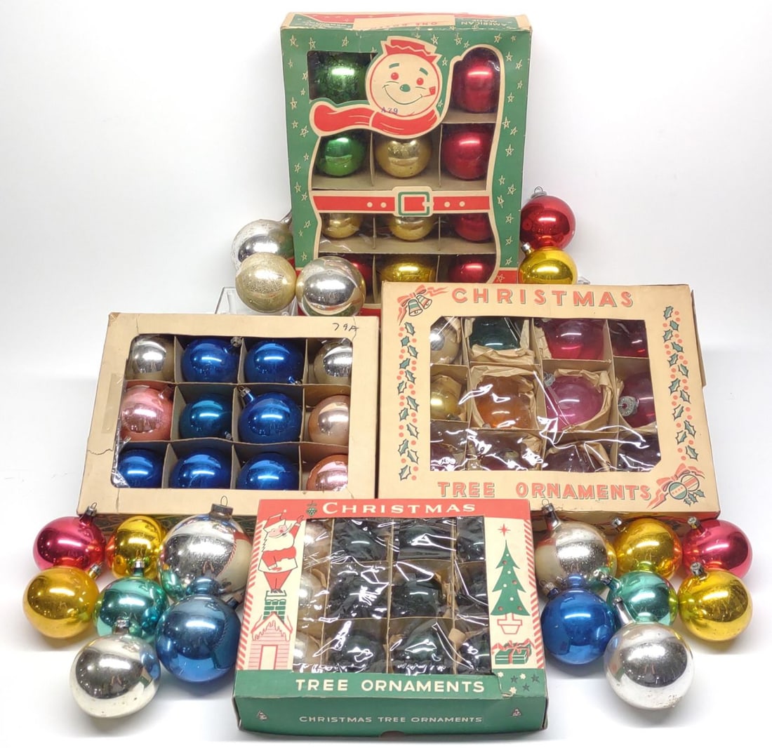 69 Vintage Larger Round Glass Christmas Ornaments: (69) Vintage larger round glass Christmas tree ornaments. Sizes vary. Includes American made ornaments.NOTE: In-house international shipping NOT available for this item. UPS third party or private arr