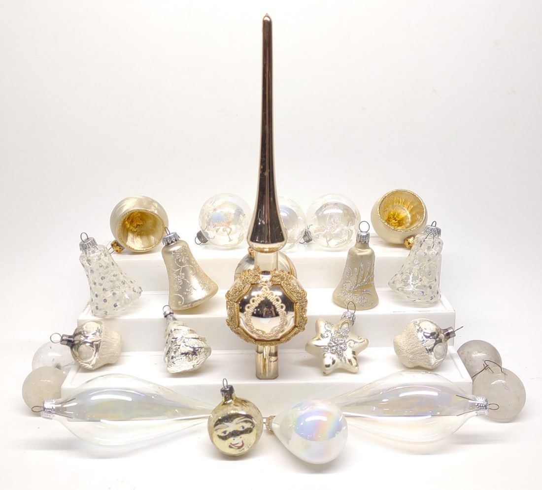 (23) Vintage Glass White Pearl Christmas Ornaments: (22) Vintage figural, mercury glass, iridescent, and silk Christmas ornaments and (1) glass tree topper.NOTE: In-house international shipping NOT available for this item. UPS third party or private ar