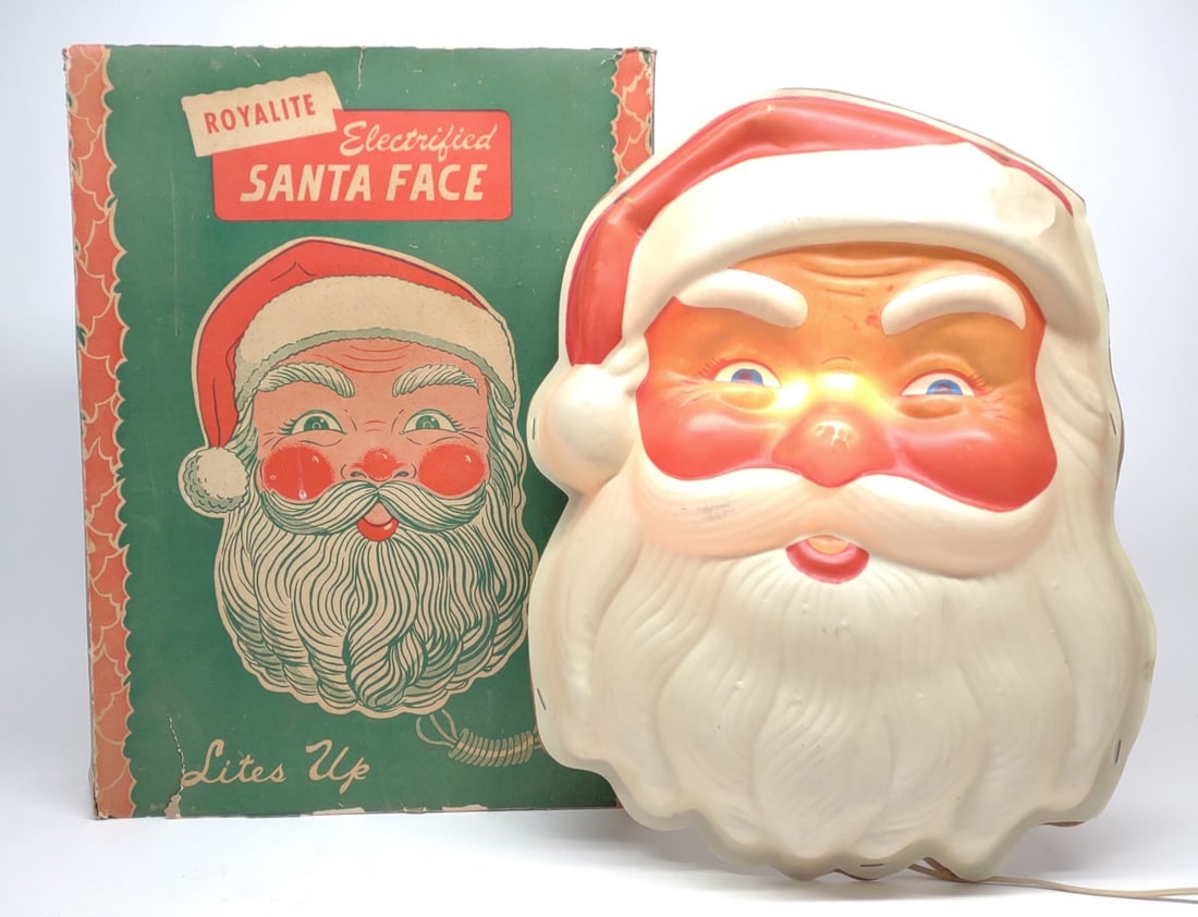 Vintage Royalite Santa Face W/ Original Box: Vintage Royalite "Santa Face" with original box. Santa light is tested and working. Box measures approximately 13.5" x 18.5" x 4".