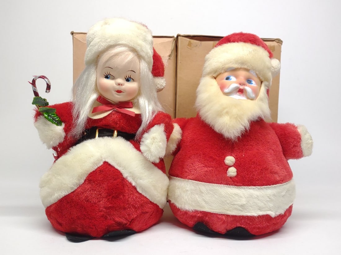 Vintage Stuffed Rubber Face Santa & Mrs. Claus: Vintage Japan plush stuffed rubber face Santa and Mrs. Claus Christmas decorations. Includes original boxes. Boxes each measure approximately 11" tall.