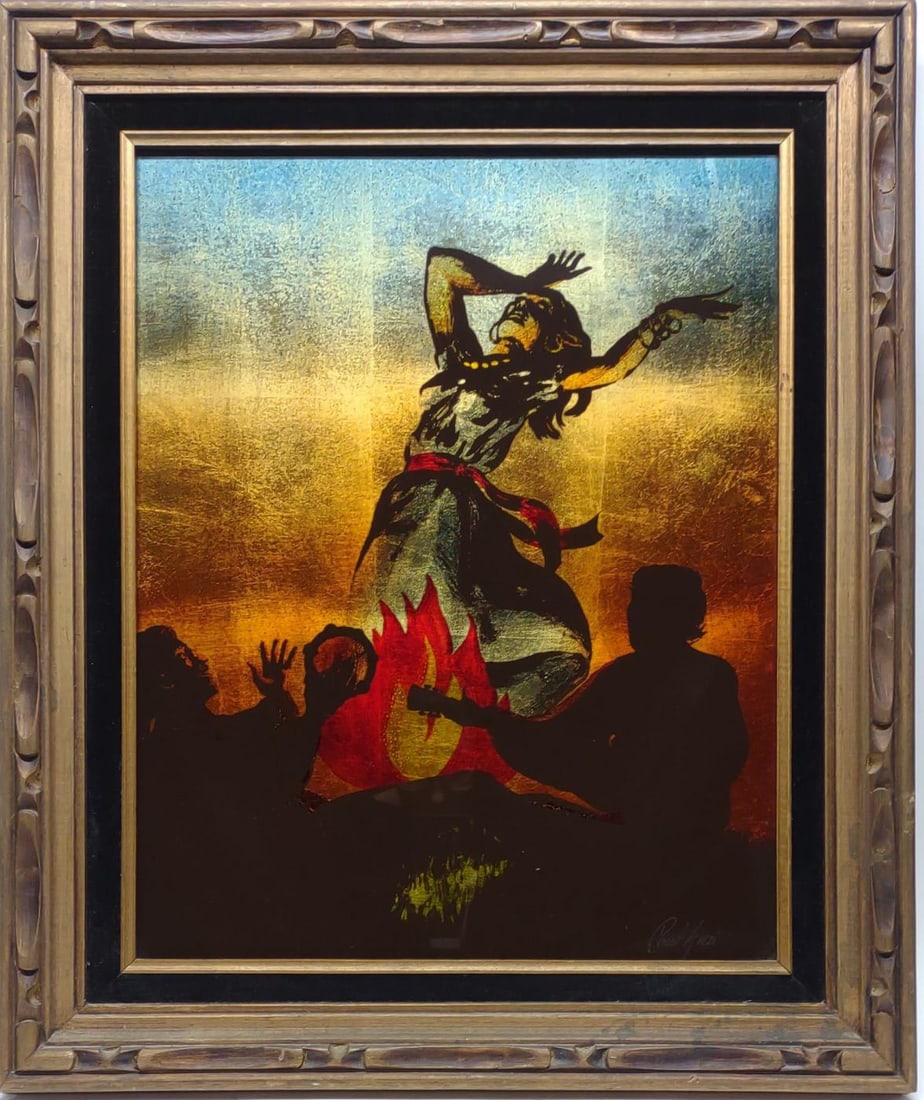 Count Agazzi Original Reverse Glass Painting: Signed Count Angelo Agazzi (born May 4 1936, Venice Italy) reverse painting on glass. Depicting a man playing guitar, another playing a tambourine, and a woman dancing around a campfire. Artist's sign
