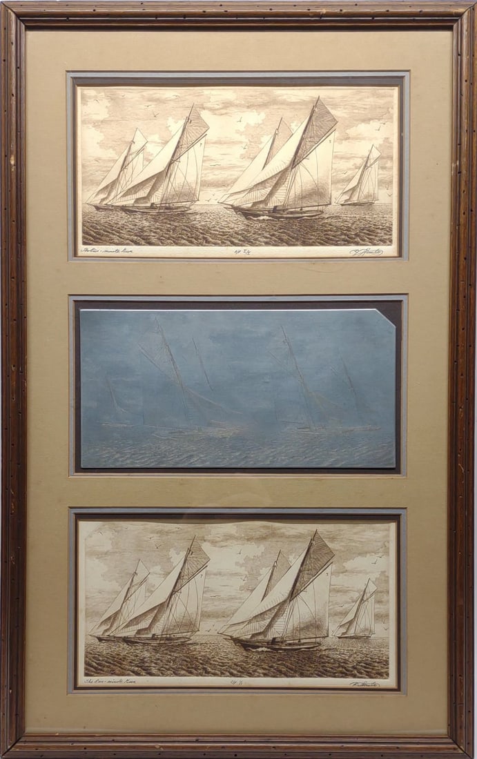 Five-Minute Gun' Signed Etching w/ Original Plate: 2 Framed signed etchings of "The Five Minute Gun" and original plate by Finley. Includes one artist proof and one color proof etchings. All in a wooden frame measuring approximately 28.25" x 17.75".