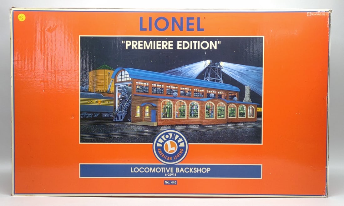 Lionel #446 Locomotive Backshop 6-22918 w/ Box: Lionel O Gauge Premier Edition #446 Locomotive Backshop 6-22918 in original box. Includes toy train Backshop #446 and original packaging. Box measures approximately 32" wide.