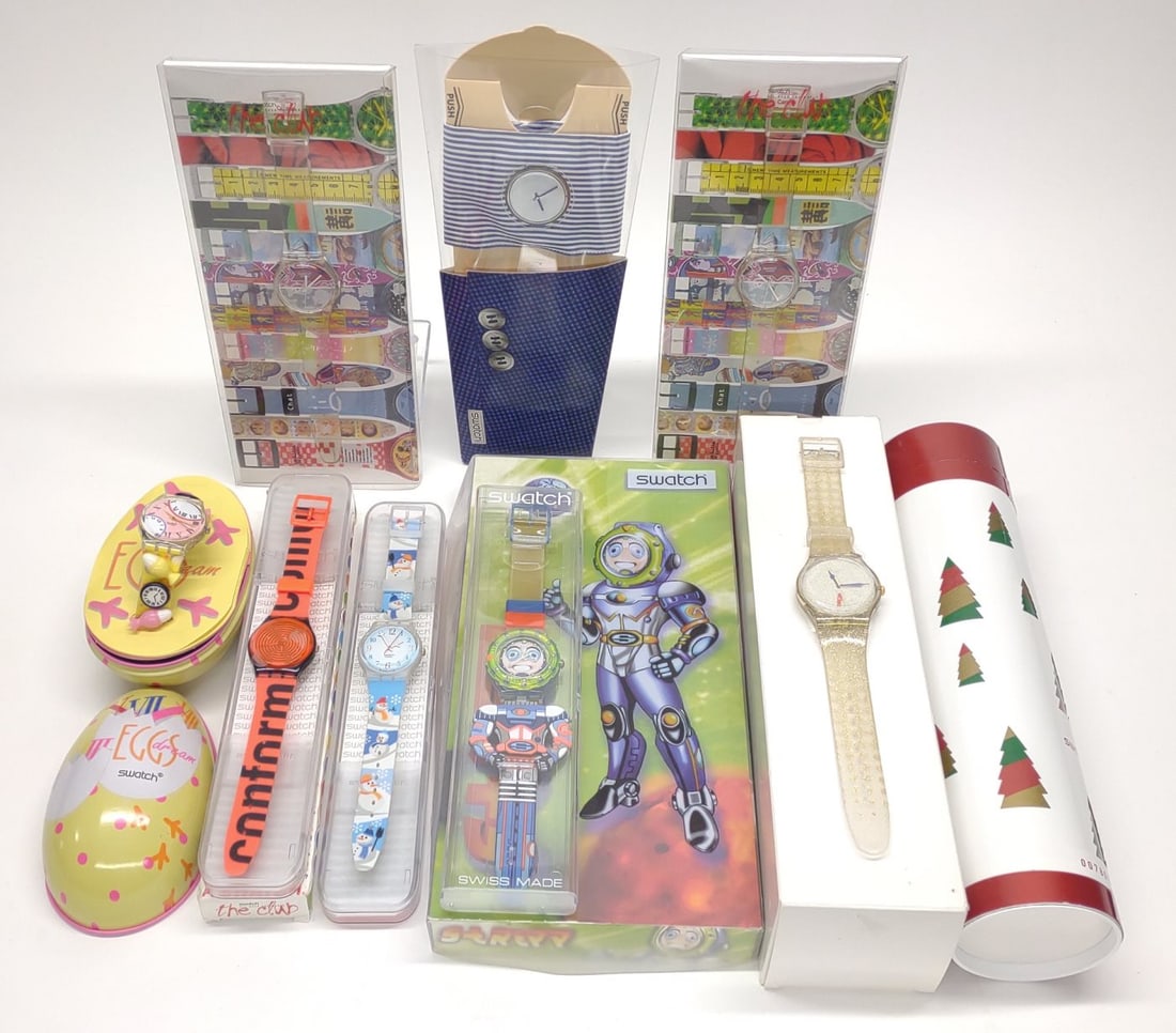 8 Swatch Swiss Made Wrist Watches: 8 Swatch Swiss made wrist watches. Swatch's include SUOZ709S "Holiday Twist" with original case and box, GZ128 "Eggs Dream" with original case, GM139 "Conform" with original case and Swatch The Club S