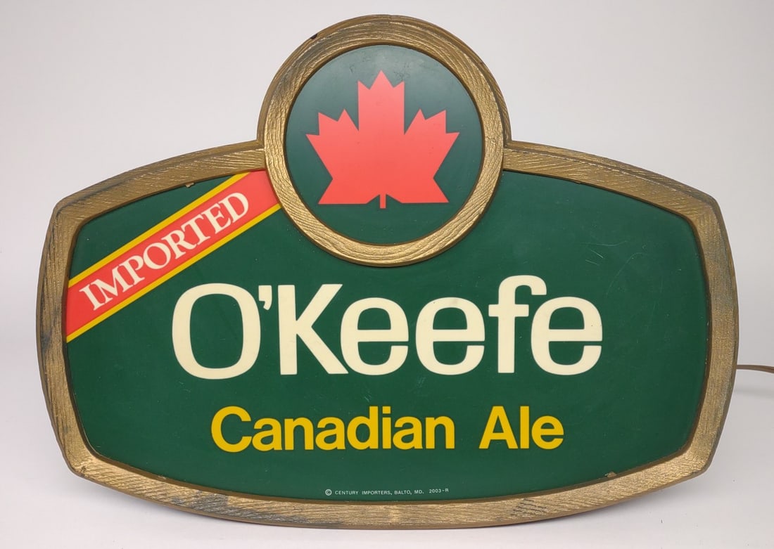 O'keefe Canadian Ale Lighted Advertising Sign: "Imported O'keefe Canadian Ale" single sided lighted advertising sign. Sign measures approximately 16.25" x 12" x 3.5". Tested and working.