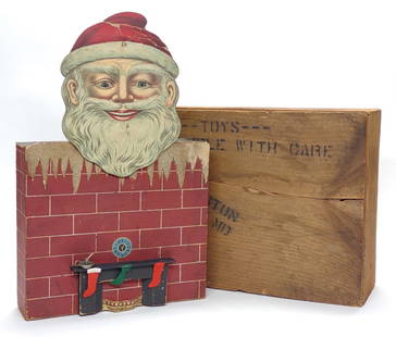 Antique Santa At Chimney Clockwork Nodder Toy: An antique, early 1900s mechanical wind-up paper litho and wood Christmas nodder toy with original finger jointed wooden box / crate. Depicts a paper litho cutout of Santa Claus's head on top of a chi