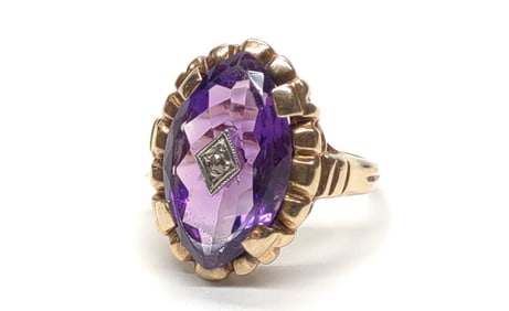 Art Deco 14K Gold Cut Amethyst & Diamond Ring