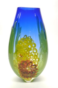 David Leppla Blue Seascape Art Glass Vase 17.25"