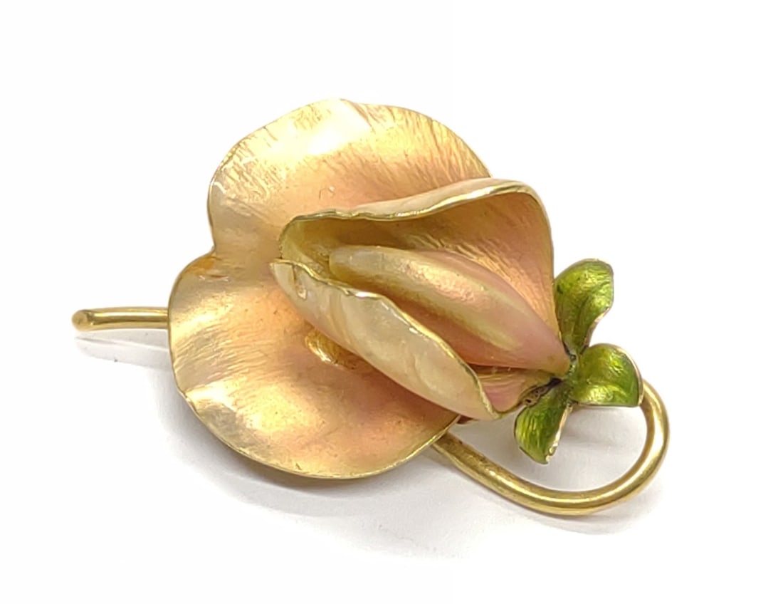 14K Gold Art Nouveau Orchid Enamel Brooch: An antique art nouveau era 14 karat yellow gold and enamel orchid flower brooch. Excellent condition. C clasp type. Both clasp and back of flower stem are marked "14K". Has been tested for purity. 40m
