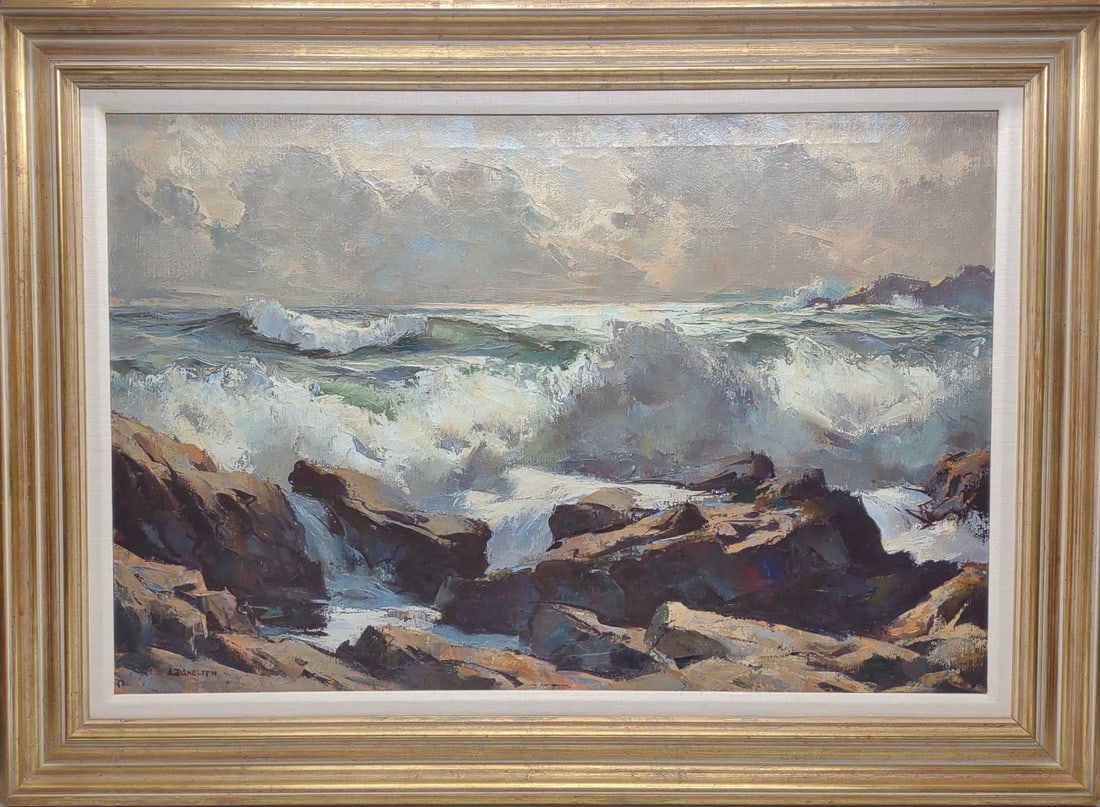 Alphonse Joseph Shelton (1905-1976) Oil Painting: Alphonse Joseph "AJ" Shelton (American, Maine 1905-1976) original oil on canvas painting. Titled "Late Afternoon" Stretched canvas in frame. Signed lower left "AJ Shelton". Gallery exhibition tag pres