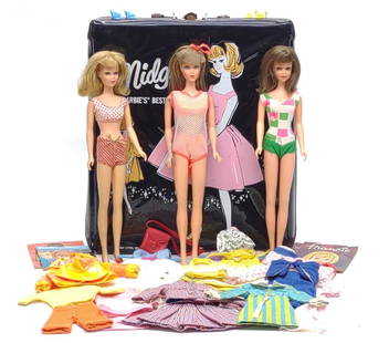 Late 1960s TNT Barbie & 2 Francie Dolls & Outfits: A group of vintage late 1960s TNT Barbie and two Francie toy dolls with extra clothes, accessories, and vinyl case. Includes 1967-1968 TNT MOD Barbie, Go Go Co Co with original outfit, 1966-1968 strai