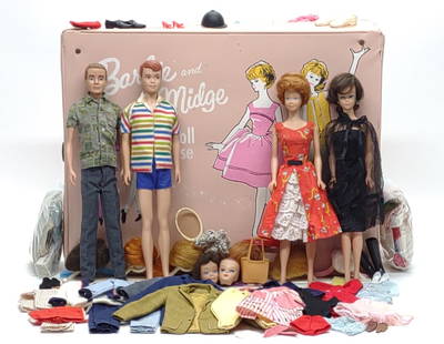 1960s Fashion Queen Barbies, Ken, Alan & Outfits: A group of 4 vintage 1960s Fashion queen barbies, ken, and alan toy dolls, wigs, clothing, accessories, and carry case. Dolls include 1964 Fashion Queen Barbie, 1965 Midge Fashion Model Wig Wardrobe d