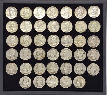 (40) 1937-63 90% Silver Washington Quarters: (40) 90% silver George Washington quarters US coins ranging from 1937 through 1963. FV: $10.00. SHIPPING OPTIONS AVAILABLE: LiveShipping or UPS Pack & Ship. In-house shipping available for INTERNATION