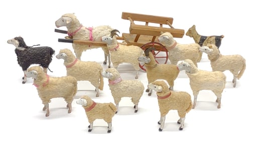 13 Antique German Putz Wool Stick Leg Sheep