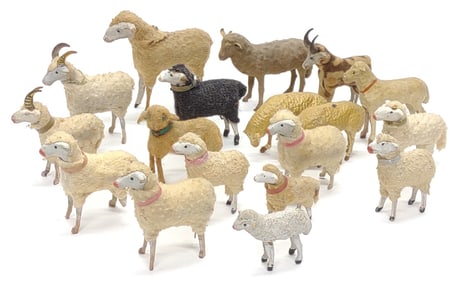 18 Antique German Putz Wool Stick Leg Sheep