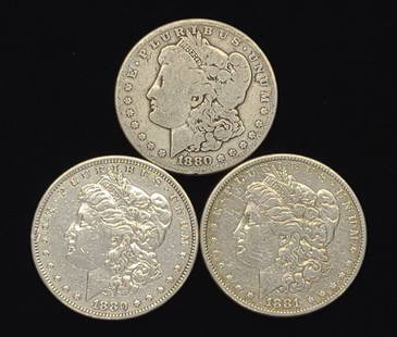 (3) Morgan Dollar US Coins (1880 &1881): 3 Morgan Dollar 90% silver US coins including: (2) 1880, and (1) 1881. FV: $3.00. Designer: George T. Morgan SHIPPING OPTIONS AVAILABLE: LiveShipping or UPS Pack & Ship. In-house shipping available fo