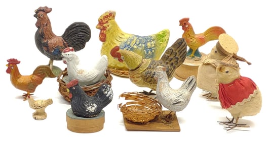 11 German Hen Candy Containers & Spun Wool Chicks